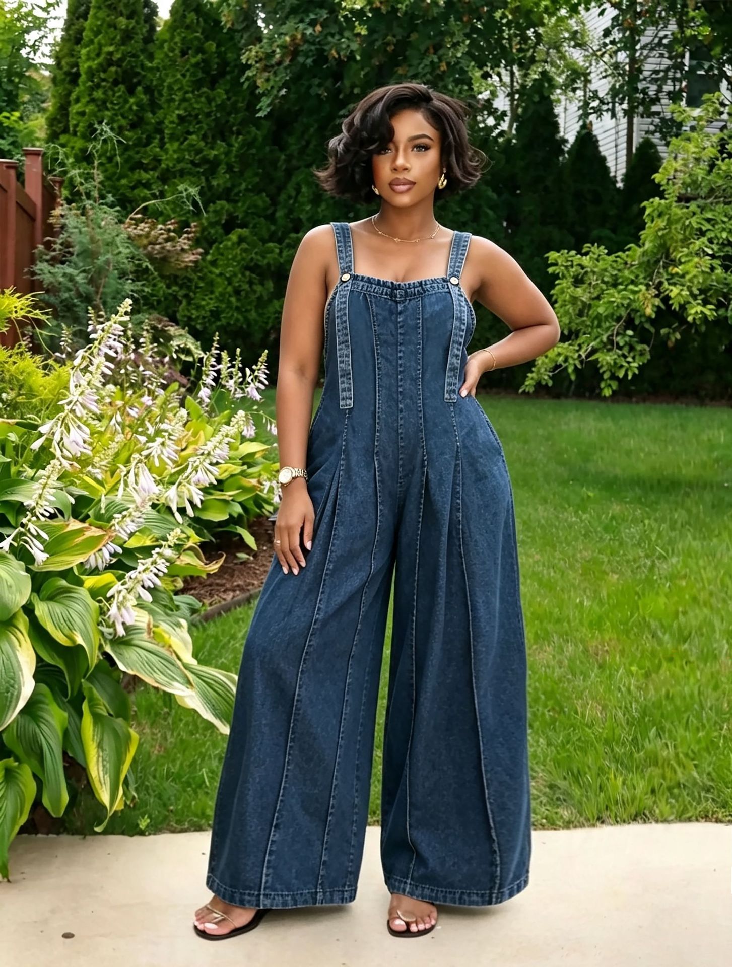 Side Pocket Pleated Wide Leg Washed Denim Overalls