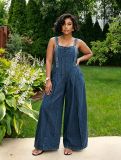 Women Casual Side Pocket Pleated Wide Leg Washed Denim Overalls