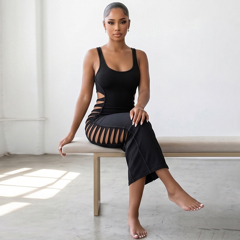 Solid Cutout U-Neck Slim-Fit Bodycon Dress for Fall