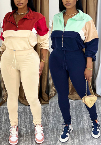 Women Casual Drawstring Color Block Long Sleeve Top And Long Pants Two Piece Set