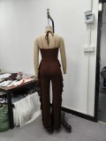 Women Halter Neck Side Ruffle Bell Bottom Jumpsuit