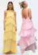 Women Cascading Ruffles Sexy Pink Spaghetti Strap Backless Maxi Dress
