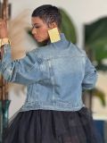 Women Asymmetric Stand Collar Washed Denim Jacket