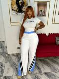 Women Casual Summer Color Block Stripe Trim Short Sleeve Top And Patchwork Pants Two Piece Set