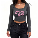 Women's Casual Ribbed Slim-Fit Cropped Long-Sleeve Square-Neck T-Shirt