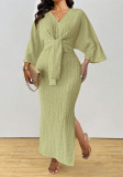 Plus Size Women Fall Winter Elegant V‑Neck Long Sleeve Knitting Lace‑Up Dress