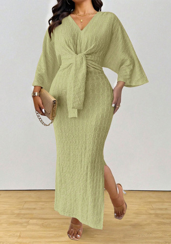 Plus Size Women Fall Winter Elegant V‑Neck Long Sleeve Knitting Lace‑Up Dress