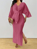 Plus Size Women Fall Winter Elegant V‑Neck Long Sleeve Knitting Lace‑Up Dress