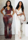 Women Halter Neck Hollow‑Out Tie‑Dye Paint Print Bell Bottom Jumpsuit