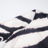 Women's Casual Zebra-Print Round-Neck Long-Sleeve Short Slim-Fit Bodycon Dress