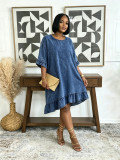 Women Irregular Ruffle Denim Dress