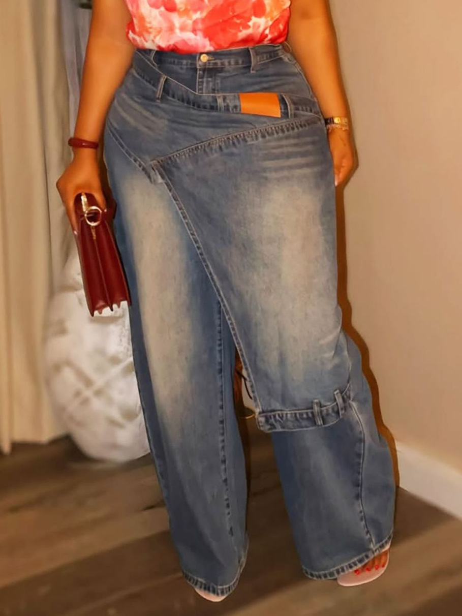 Asymmetrical Deconstructed Patchwork PU-Washed Denim Pants