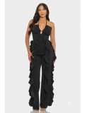 Women Halter Neck Side Ruffle Bell Bottom Jumpsuit