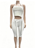 Fall Women's Solid Fuzzy Halter Neck Crop Top with Tie-Detail Slim-Fit Capri Pants Set