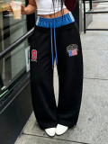 Women's Fashionable Drawstring Double-Waist Color-Block Patchwork Letter-Embroidered Sweatpants