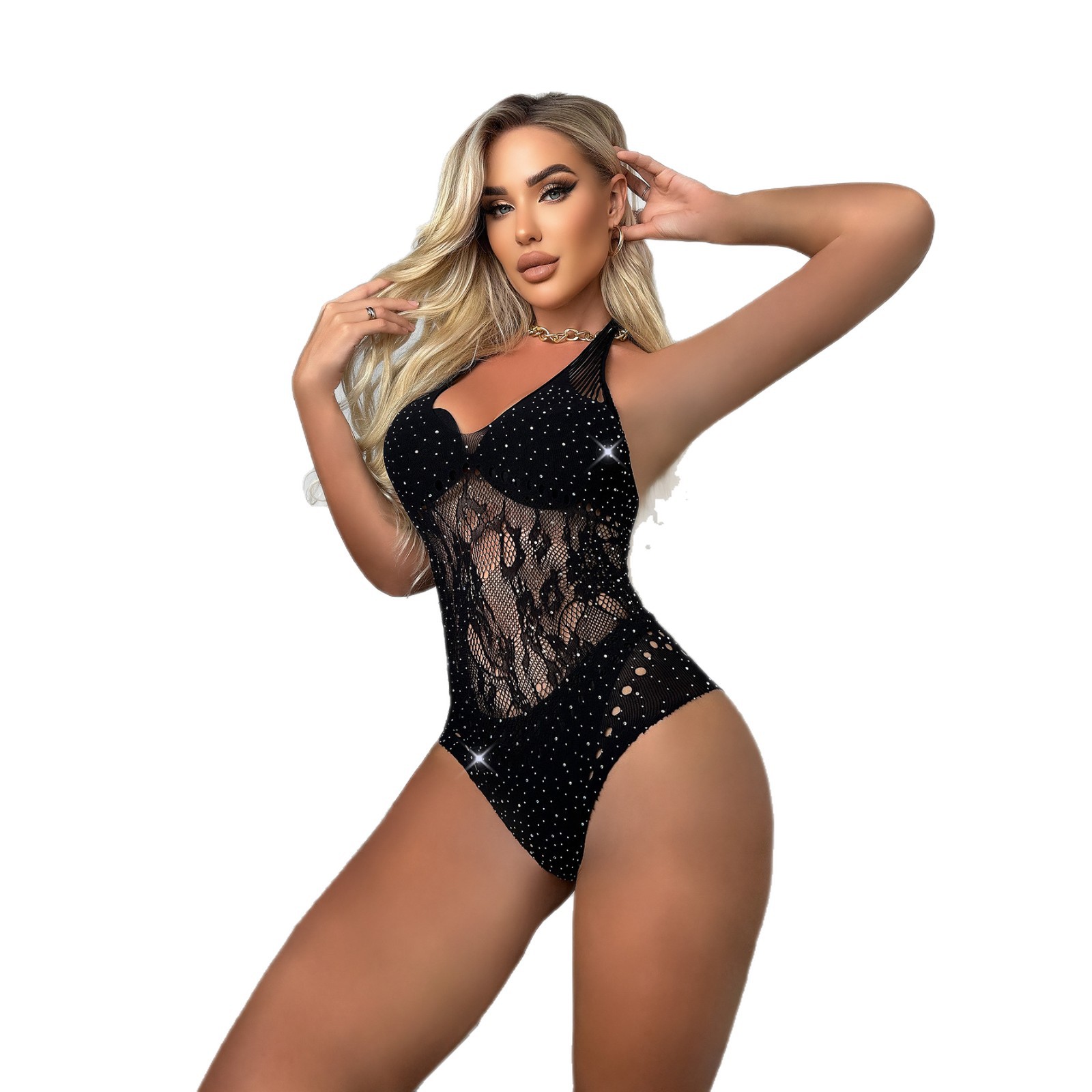 Halter Neck Beaded See-Through V-Neck Lingerie Bodysuit