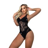 Women Sexy Halter Neck Beaded See‑Through V‑Neck Lingerie Bodysuit