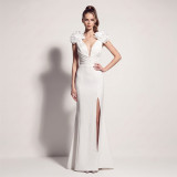 Plus Size Women's Formal Party Floral Beaded Deep-V High-Slit Dress