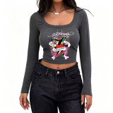 Women's Casual Ribbed Slim-Fit Cropped Long-Sleeve Square-Neck T-Shirt