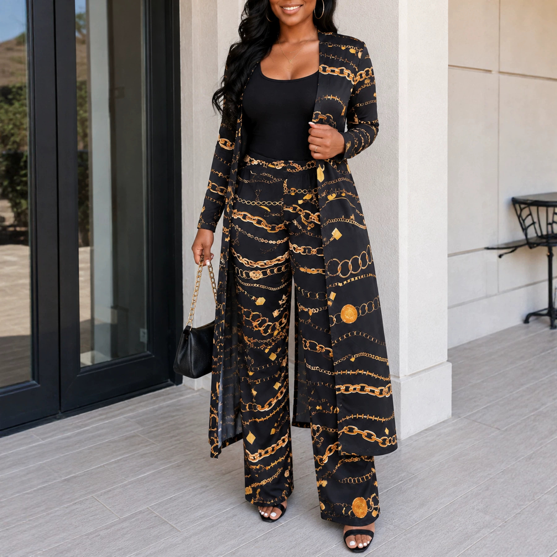Printed Long-Sleeve Jacket & Tight-Fitting Pants Two-Piece Set