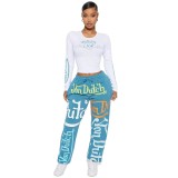 Women American Skull Print Long Sleeve Color Block Top And Letter Print Wide Leg Sweatpants Casual Two Piece Set