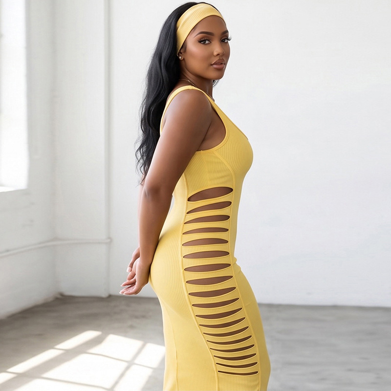 Solid Cutout U-Neck Slim-Fit Bodycon Dress for Fall