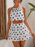 Women's Holiday Polka-Dot Printed Halter Neck Low-Back Ruffle Top with Tiered Mini Skirt Two-Piece Set