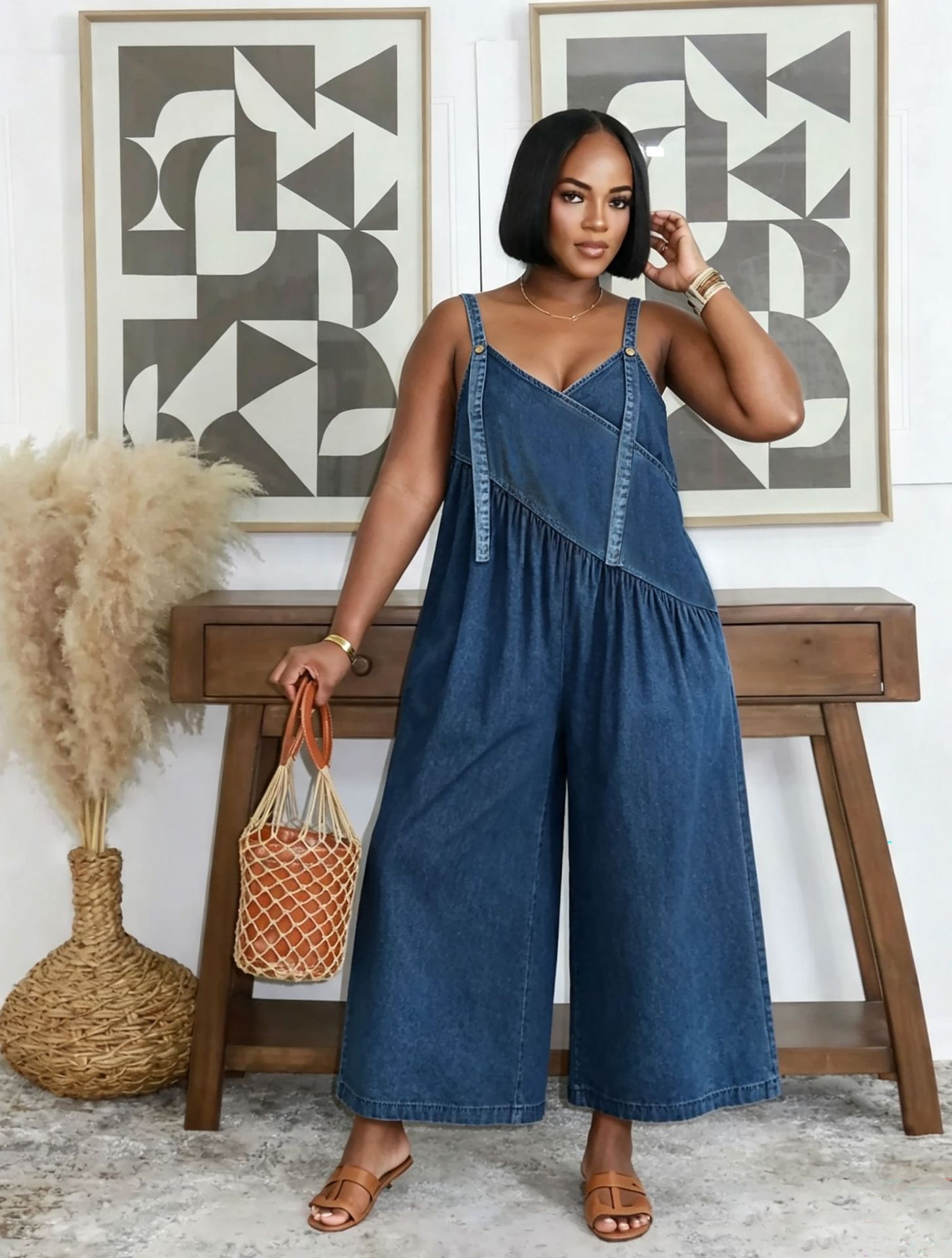Patchwork Side-Pocket Washed Wide-Leg Denim Overalls