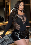 Women Summer Rhinestone Patchwork See‑Through Hollow‑Out Sexy Bodycon Dress