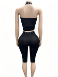 Fall Women's Solid Fuzzy Halter Neck Crop Top with Tie-Detail Slim-Fit Capri Pants Set