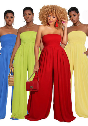 Women Summer Casual Off Shoulder Chiffon High Waist Wide Leg Jumpsuit
