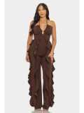 Women Halter Neck Side Ruffle Bell Bottom Jumpsuit