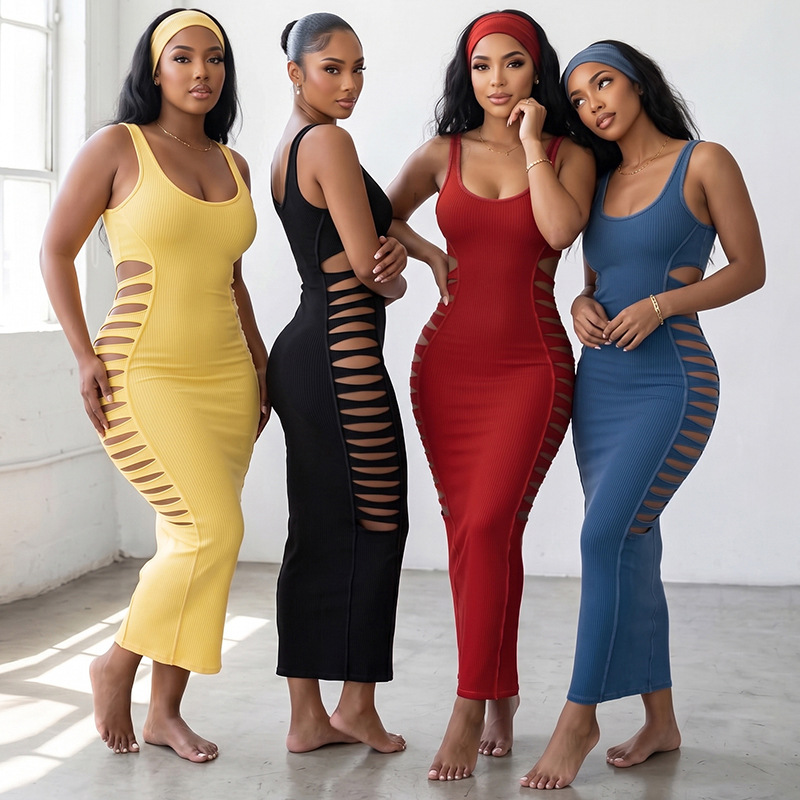 Solid Cutout U-Neck Slim-Fit Bodycon Dress for Fall