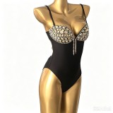 Women Rhinestone Stitched One Piece Swimsuit