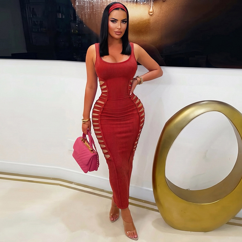 Solid Cutout U-Neck Slim-Fit Bodycon Dress for Fall