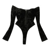 Women Off‑Shoulder Long Sleeve Crotch‑Open Shapewear Bodysuit