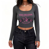Women's Casual Ribbed Slim-Fit Cropped Long-Sleeve Square-Neck T-Shirt