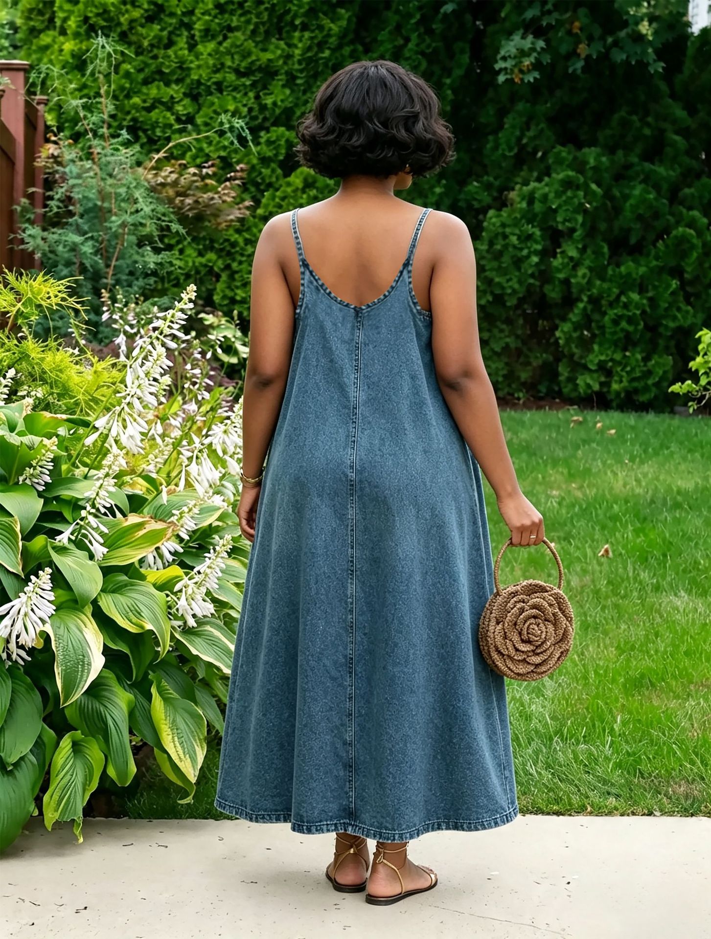 Raw Edge Side Pocket Spaghetti Strap Denim Dress