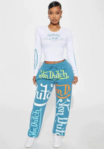 Women American Skull Print Long Sleeve Color Block Top And Letter Print Wide Leg Sweatpants Casual Two Piece Set