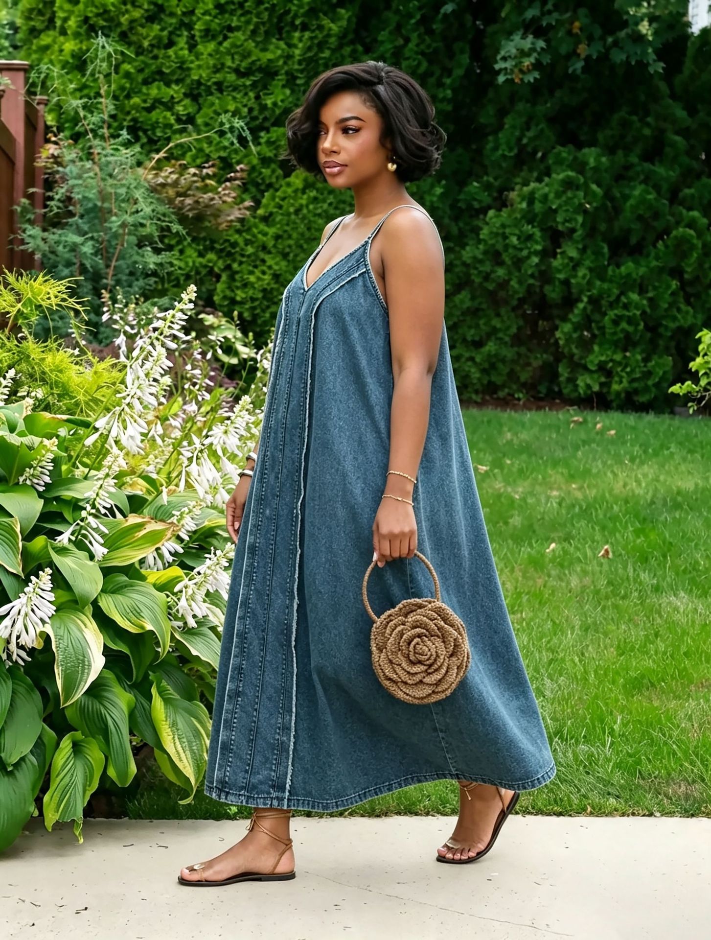Raw Edge Side Pocket Spaghetti Strap Denim Dress