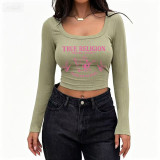 Women's Casual Ribbed Slim-Fit Cropped Long-Sleeve Square-Neck T-Shirt