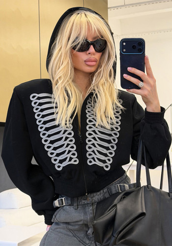 Women Fall Long Sleeve Hooded Zipper Crop Top