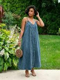 Women Casual Raw Edge Side Pocket Spaghetti Strap Denim Dress