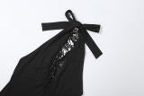 Fall Women's Fashionable Tassel Patchwork Sexy Halter Neck Low-Back V-Neck Asymmetrical Dress