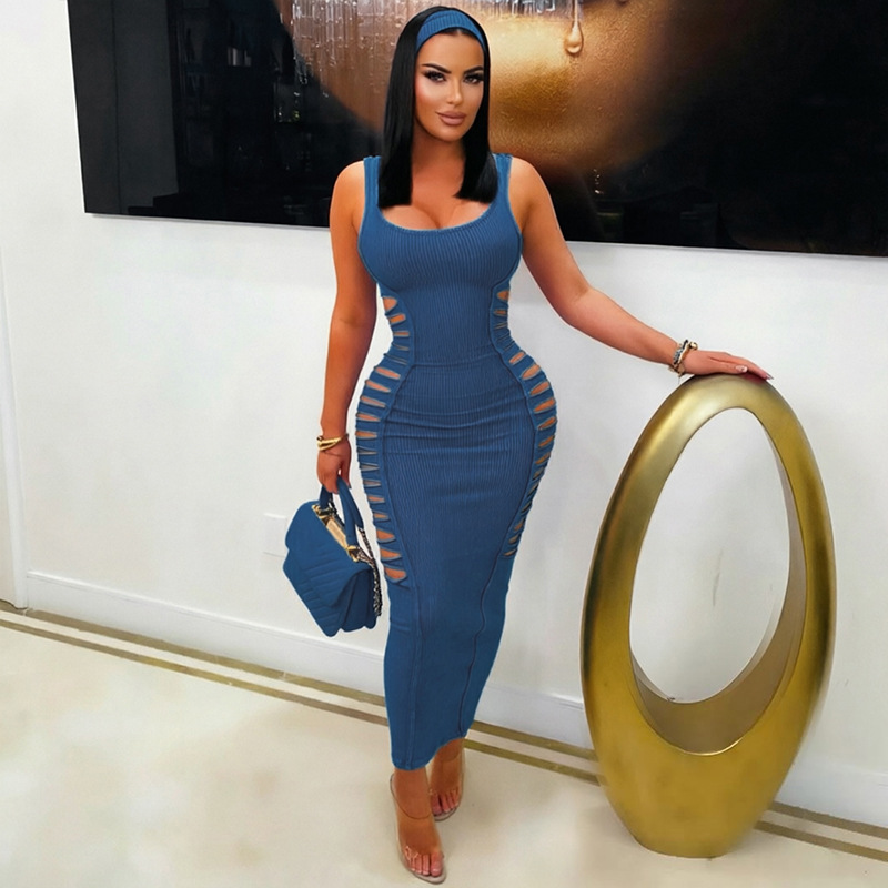 Solid Cutout U-Neck Slim-Fit Bodycon Dress for Fall