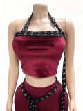 Fall Women's Solid Fuzzy Halter Neck Crop Top with Tie-Detail Slim-Fit Capri Pants Set