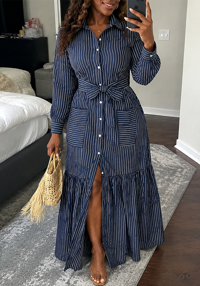 Long Sleeve Turndown Collar Tie Maxi Dress
