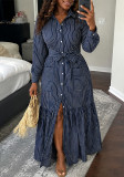 Women Elegant Casual Long Sleeve Turndown Collar Tie Maxi Dress