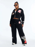 Women Printed Short Zipper Hoodie And Wide Leg Pants Two Piece Set