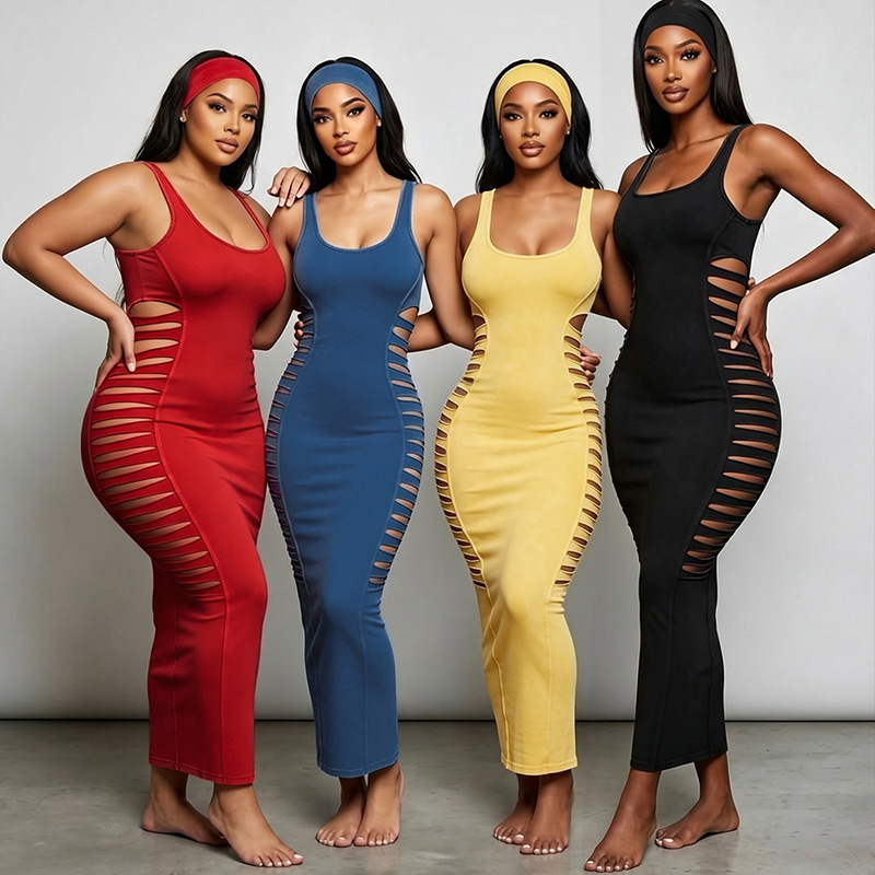 Solid Cutout U-Neck Slim-Fit Bodycon Dress for Fall